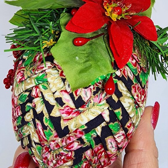 VTG Huge Handmade Herringbone Cloth Navy Pink Gold Christmas Holiday Ornament - Picture 8 of 12